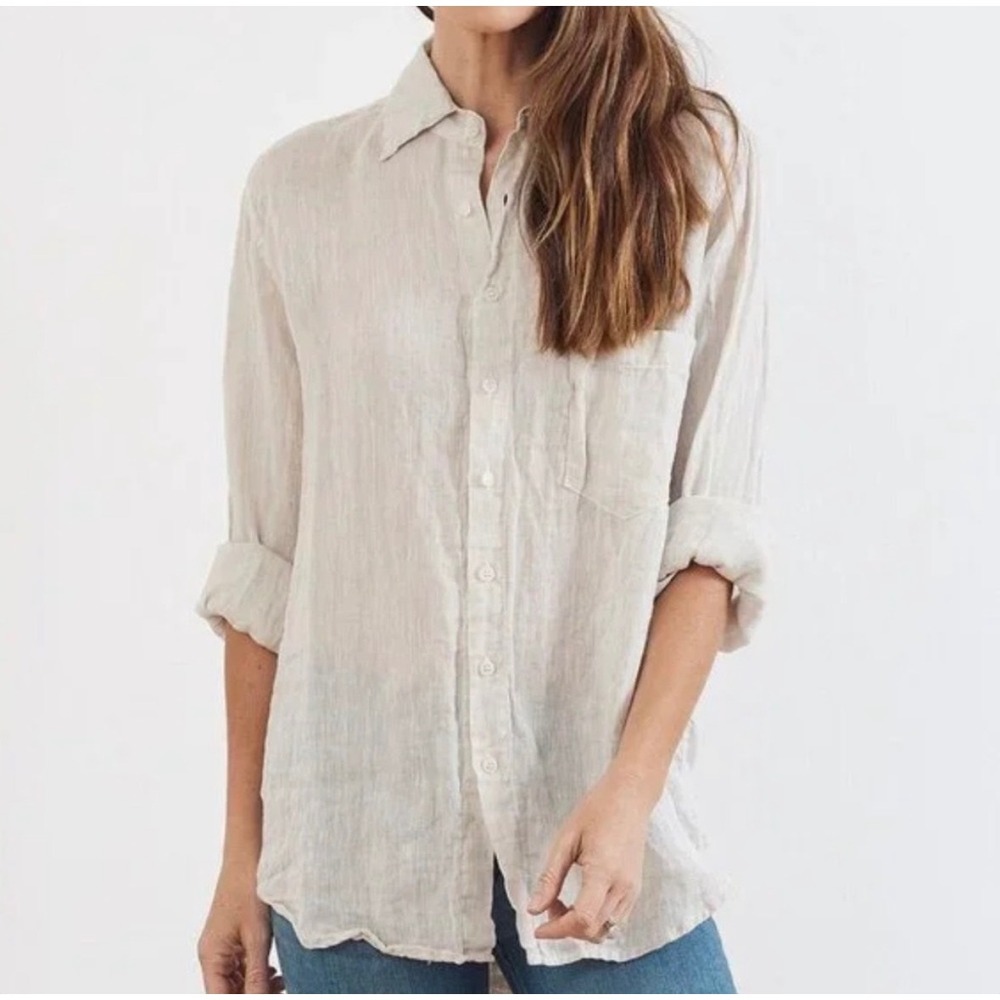 CP Shades Linen Button Down Shirt Womens XL Ivory Roll Tab Sleeve Coastal Boho
